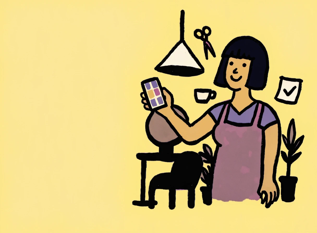 Ilustracija: frizerka u salonu gleda raspored na telefonu